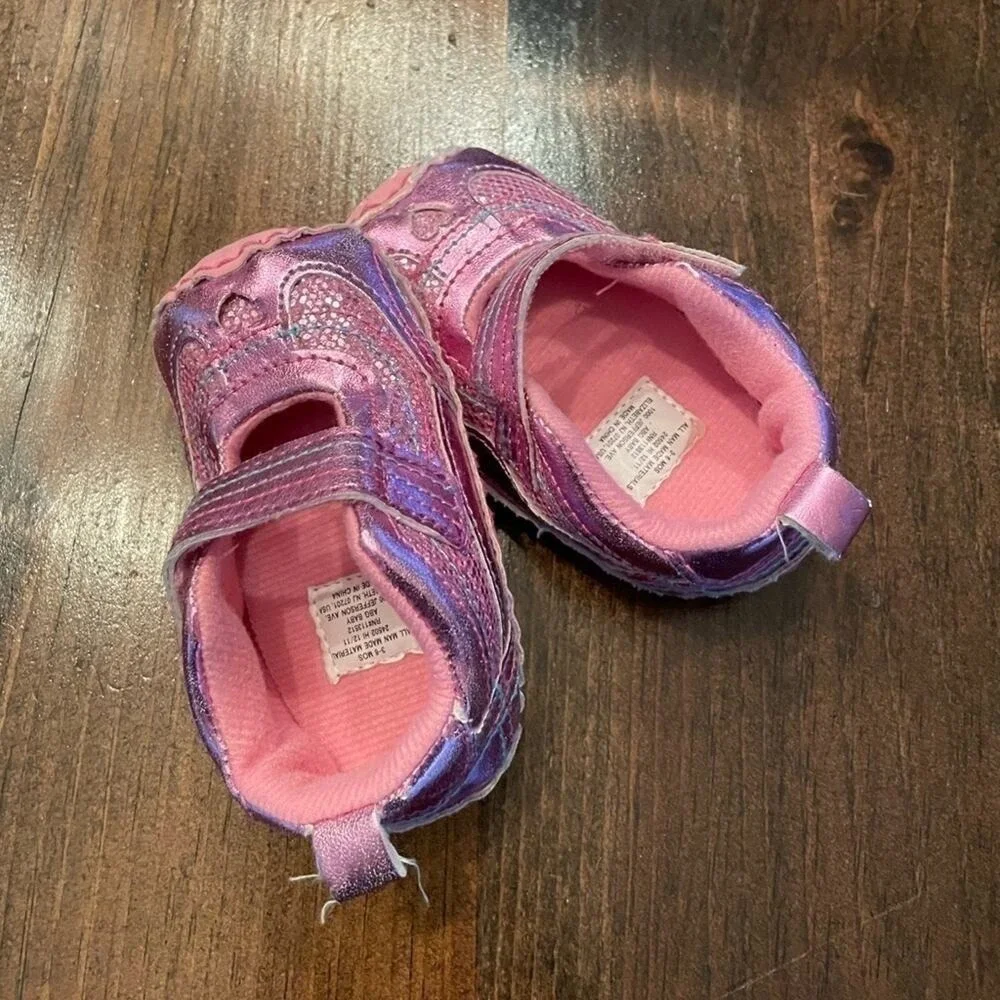 Baby Mary Jane Crib Shoes‎ Kids 3-6M Pink Metallic Glitter Heart Casual Cute